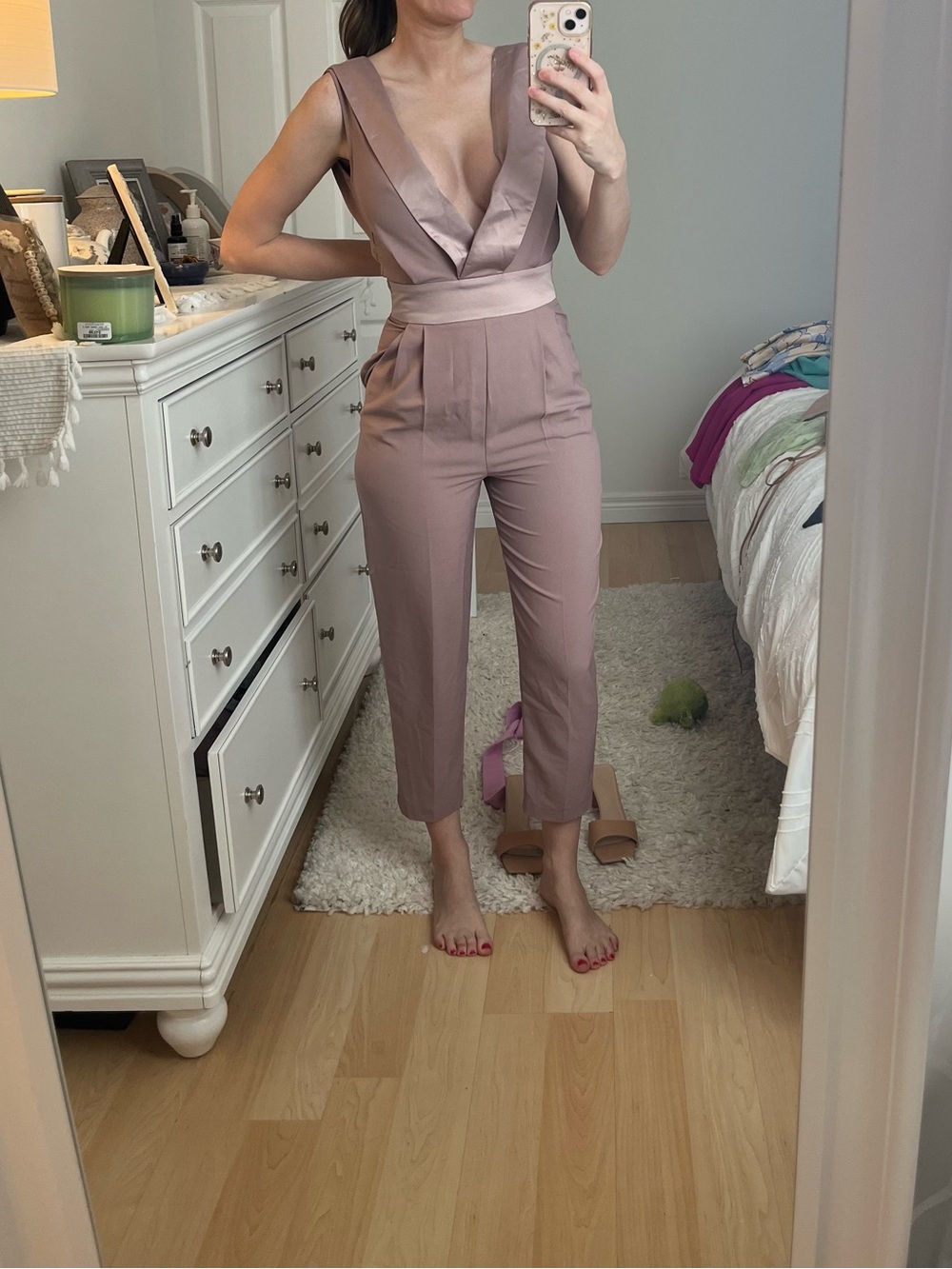 ASOS Mauve Satin-Trim Deep V Jumpsuit